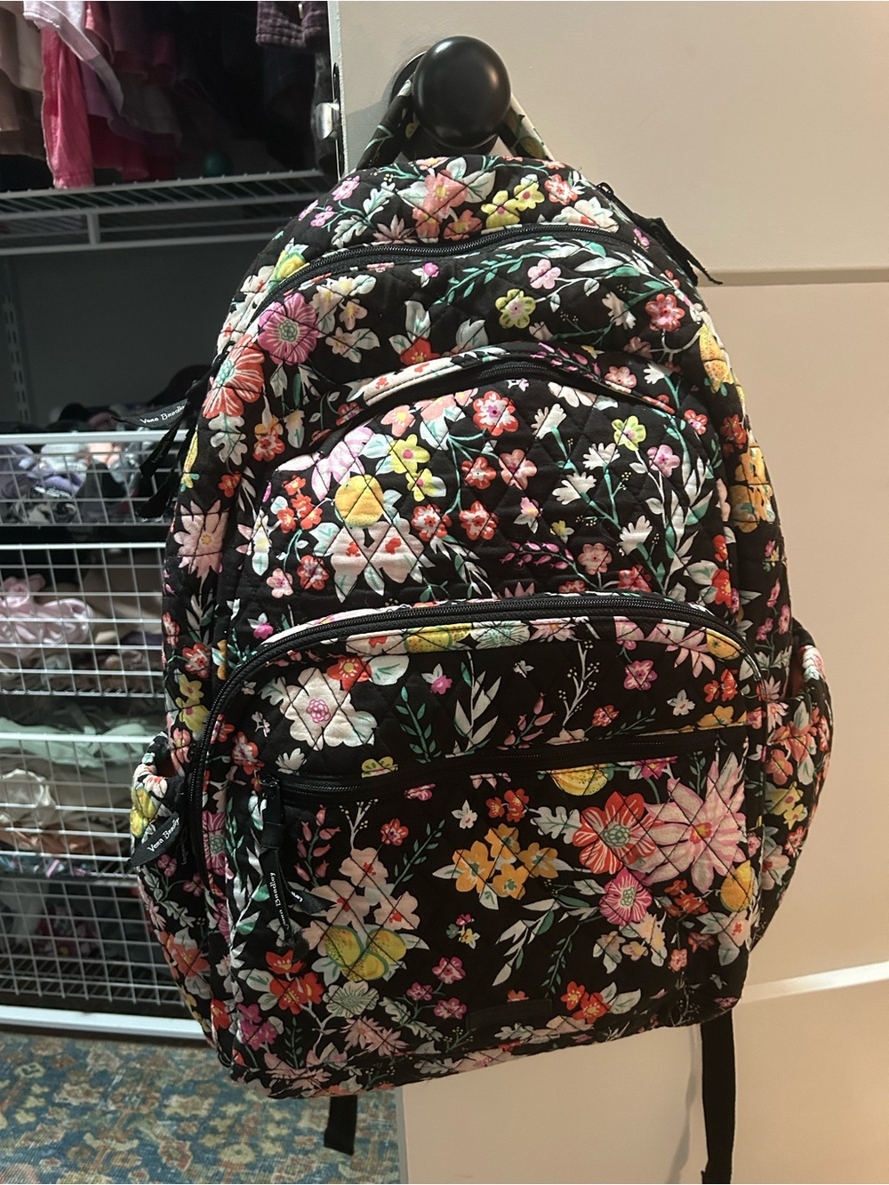 Vera Bradley Black Quilted Floral Backpack with Multicolor Blooms
